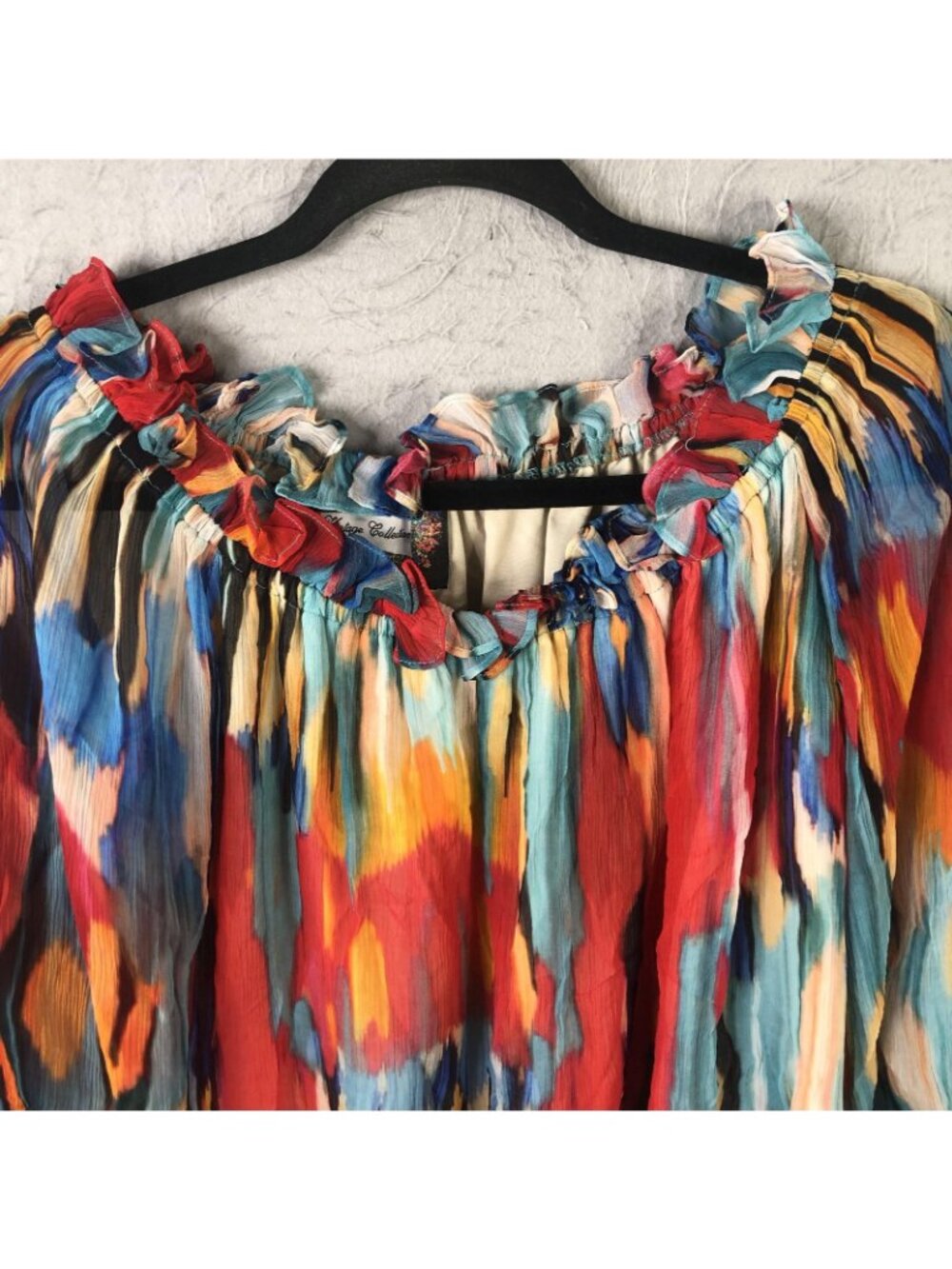 Vintage Collection Tunic Top Womens L Multicolor Abstract Ruffle Chiffon Boho - Picture 12 of 16